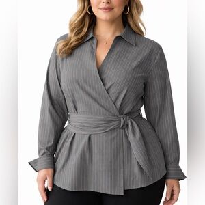 Talbots Gray Pinstripe Wrap Blouse